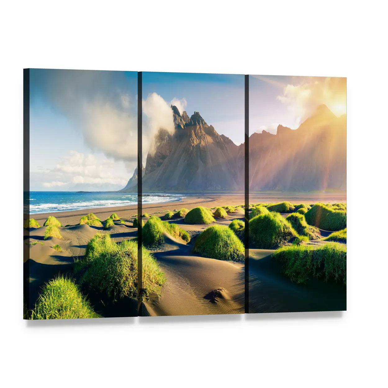 Green Dunes at Vestrahorn Canvas Wall Art, 3 panel 3 Horizontal layout gallery wrapped canvas set, angled product view
