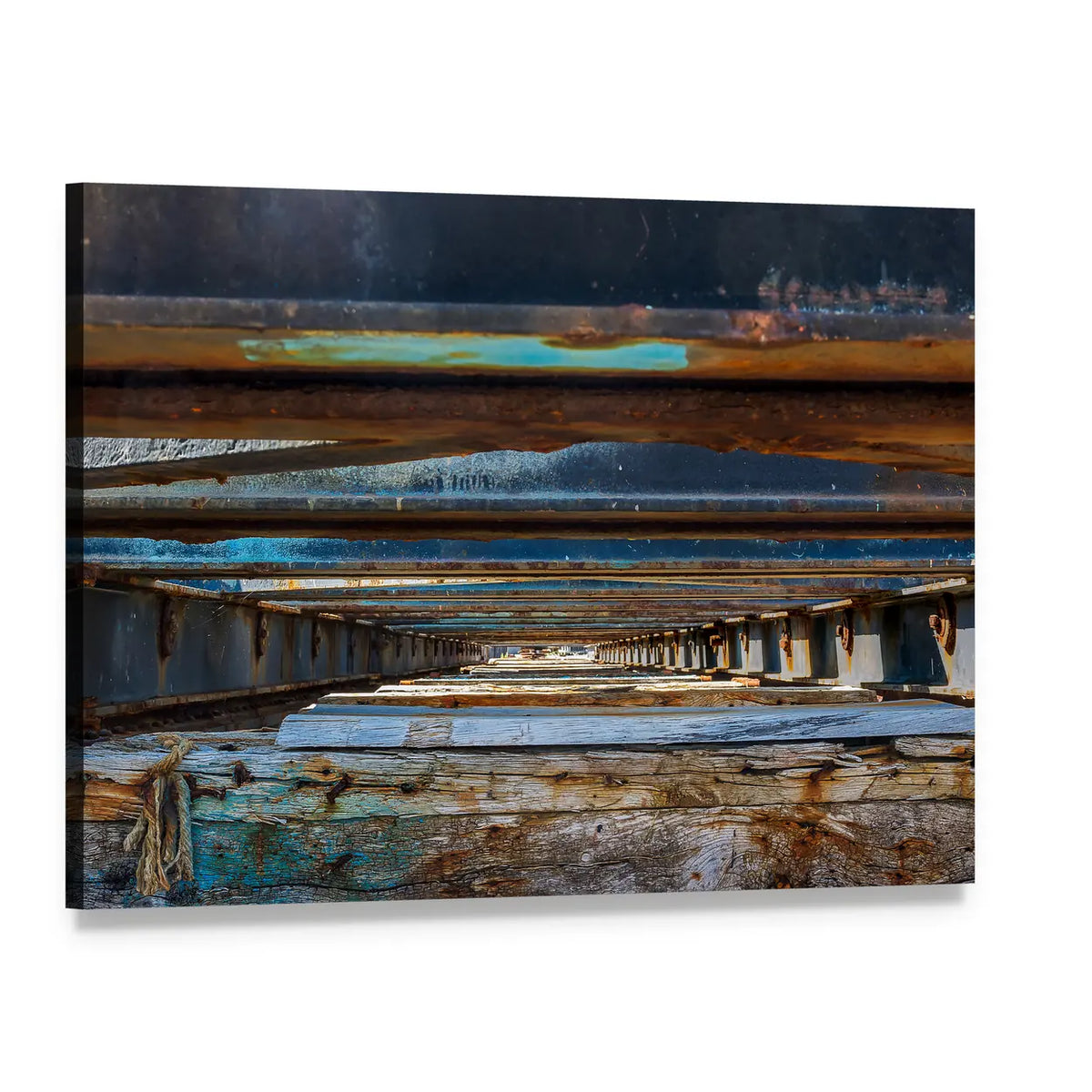 Under Pier Rusted Beams and Weathered Wood Canvas Wall Art, single panel gallery wrapped canvas, angled product view