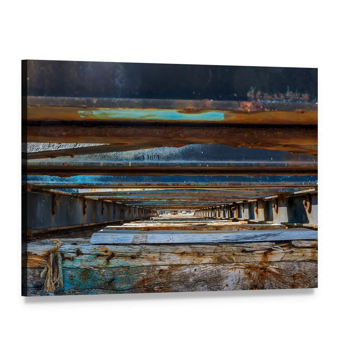 Under Pier Rusted Beams and Weathered Wood Canvas Wall Art, single panel gallery wrapped canvas, angled product view