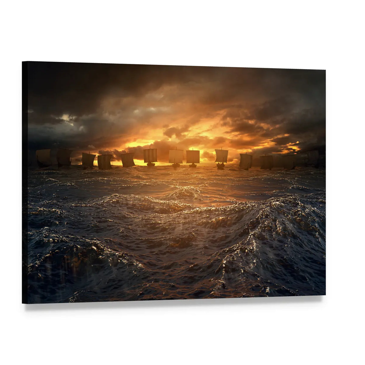 Viking Longships at Stormy Sunset Canvas Wall Art, single panel gallery wrapped canvas, angled product view