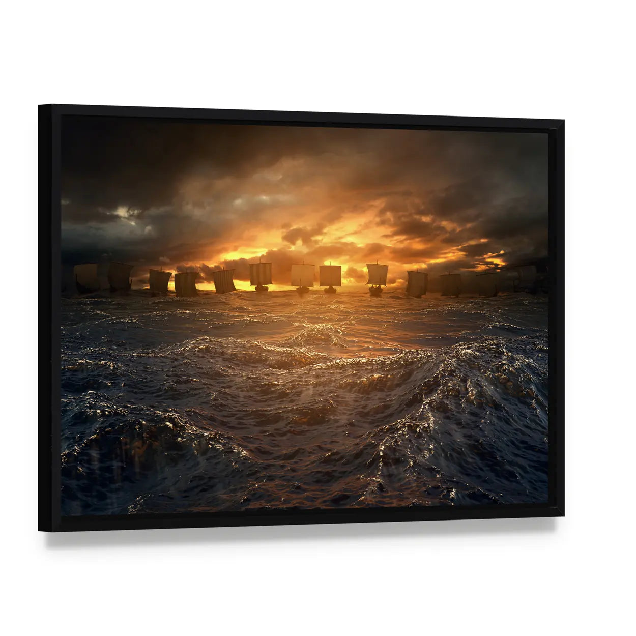 Viking Longships at Stormy Sunset Canvas Wall Art, framed canvas in a black floater frame, angled product view