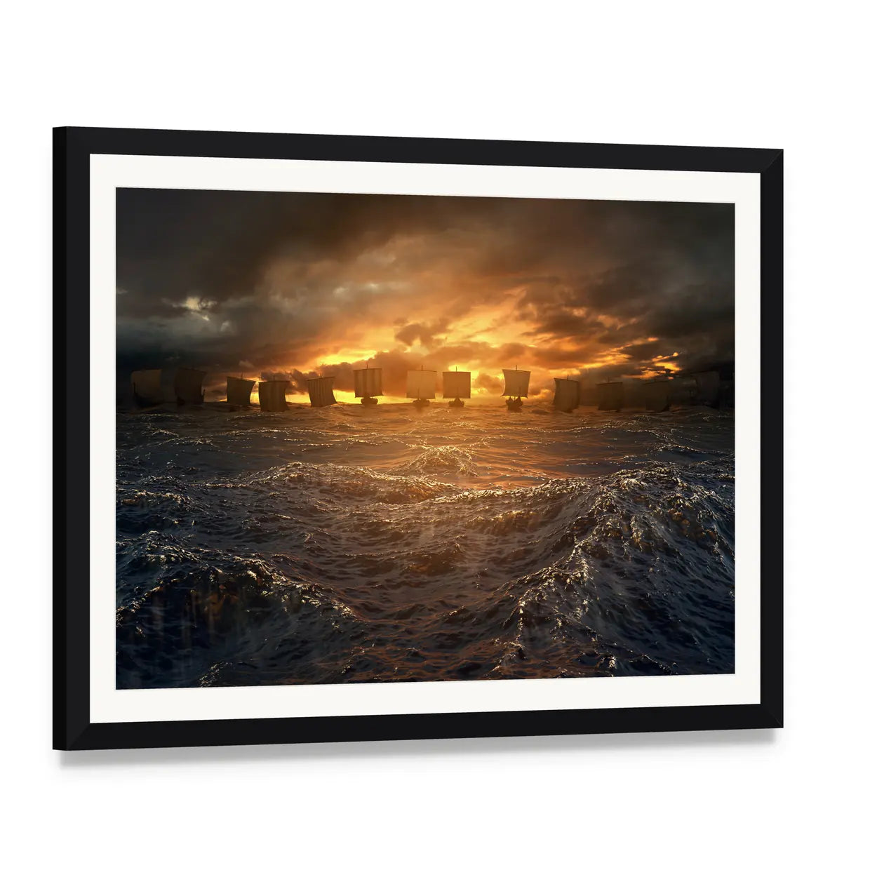 Viking Longships at Stormy Sunset Canvas Wall Art, framed print with white mat and black frame, angled product view