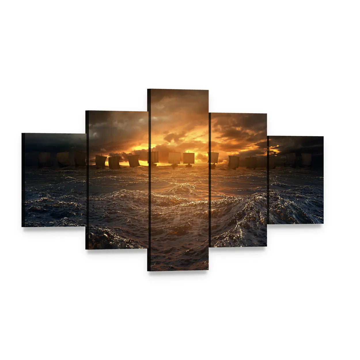 Viking Longships at Stormy Sunset Canvas Wall Art, 5 panel 5 Star layout gallery wrapped canvas set, angled product view