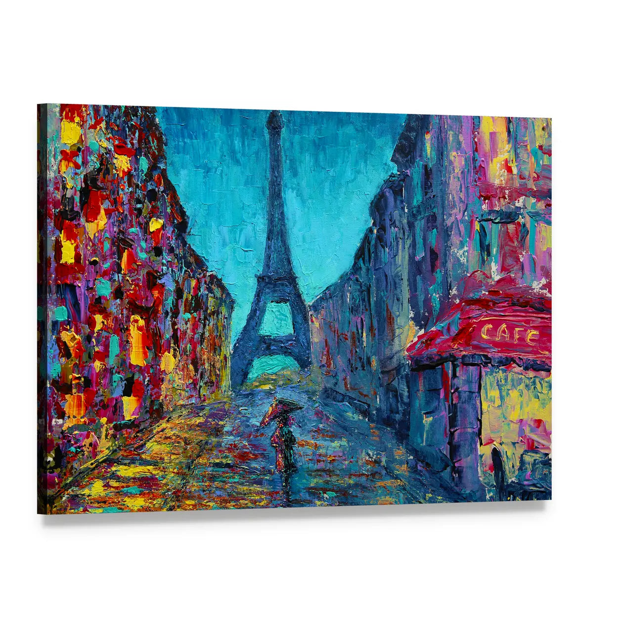 Rainy Paris Street with Eiffel Tower Canvas Wall Art, single panel gallery wrapped canvas, angled product view
