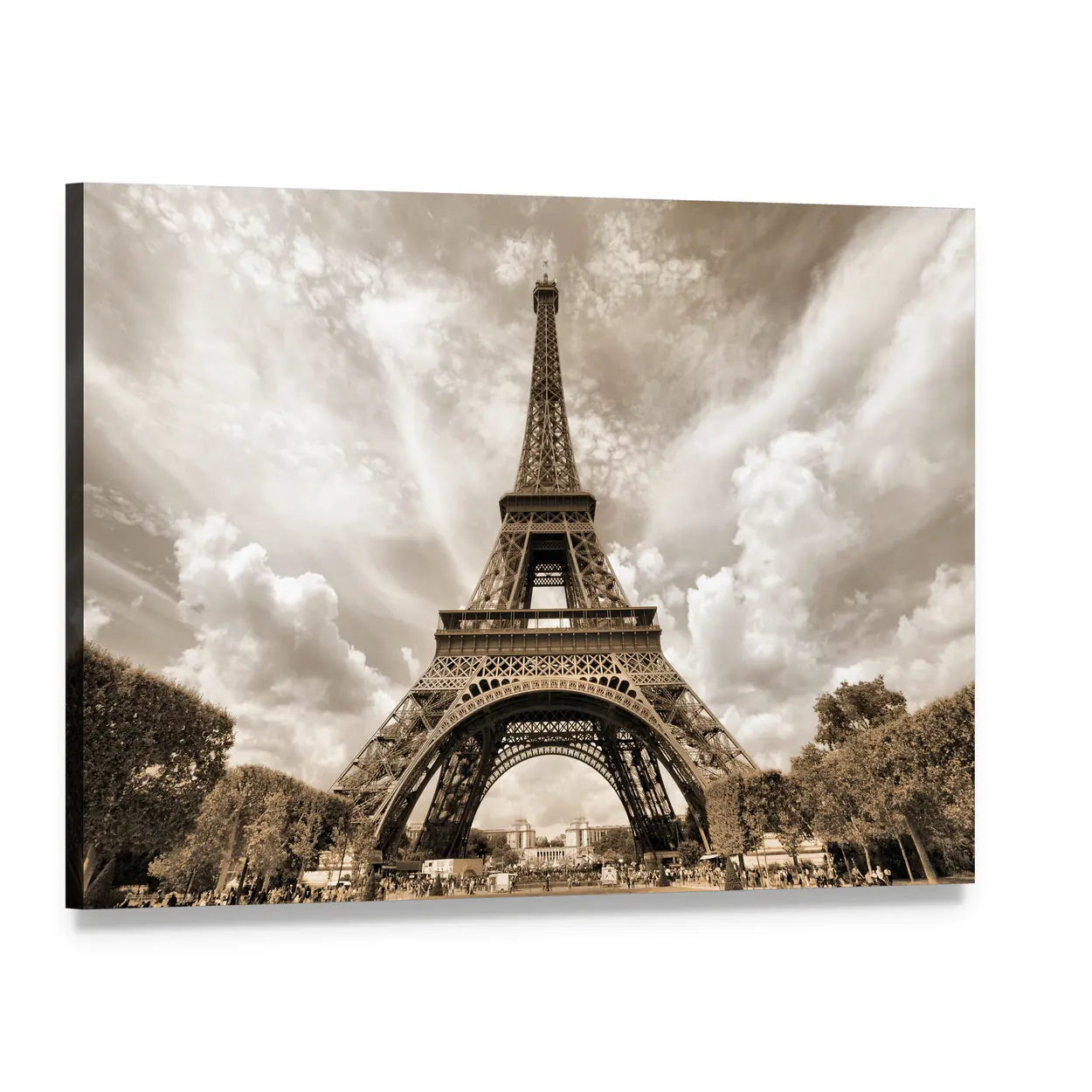 Eiffel Tower Under Clouds Canvas Wall Art, single panel gallery wrapped canvas, angled product view