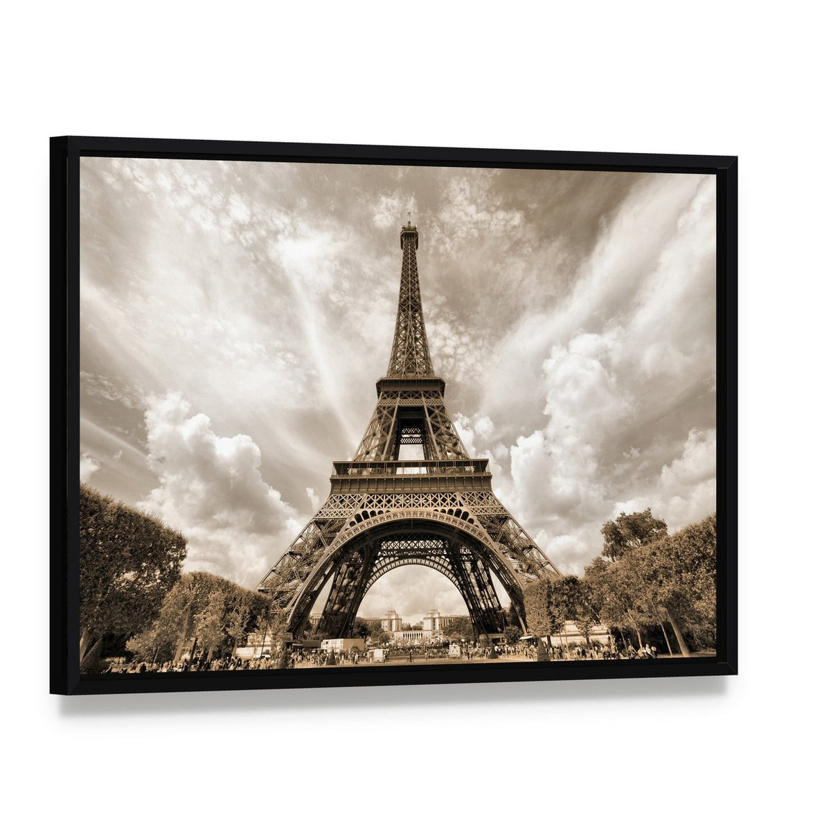 Eiffel Tower Under Clouds Canvas Wall Art, framed canvas in a black floater frame, angled product view