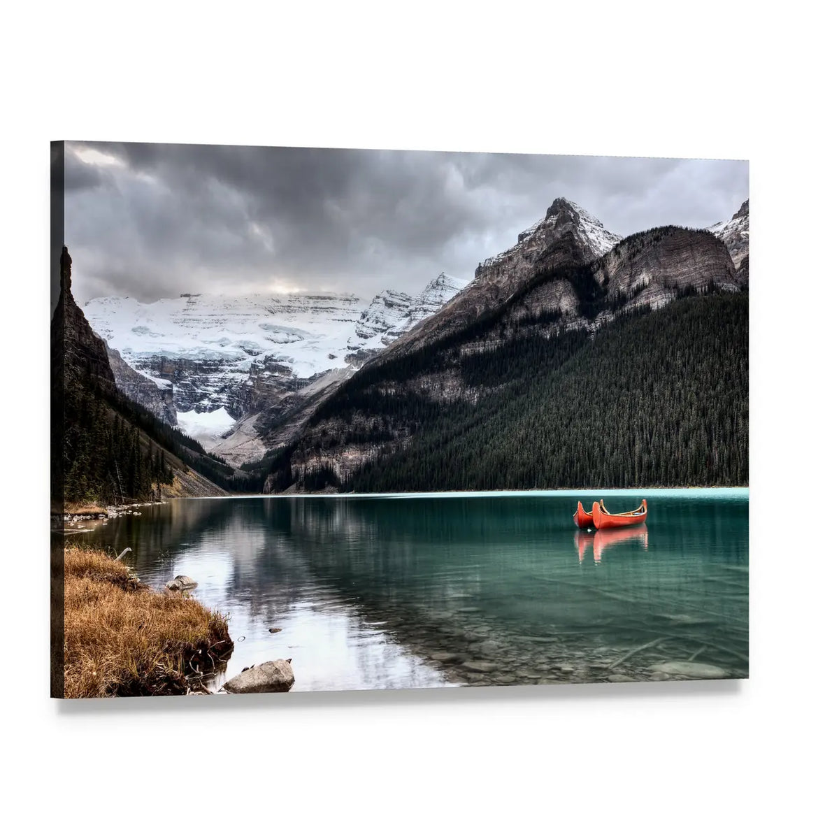 Red Canoe on Lake Louise Glacier Canvas Wall Art, single panel gallery wrapped canvas, angled product view