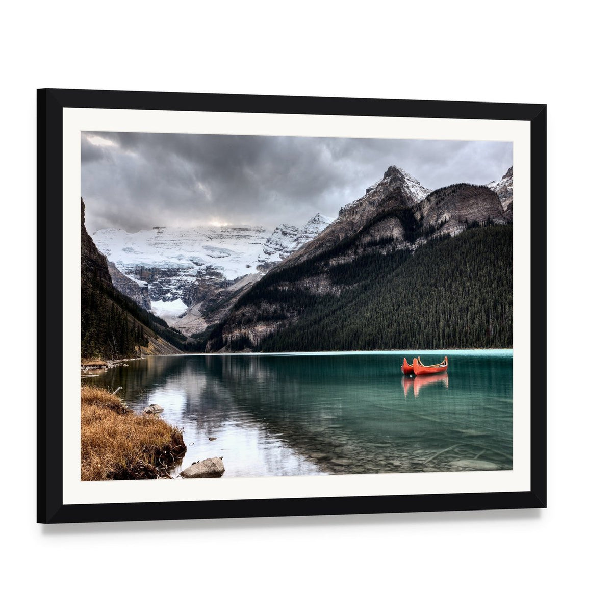 Lake Louise Canoe and Glacier Canvas Wall Art, framed print with white mat and black frame, angled product view
