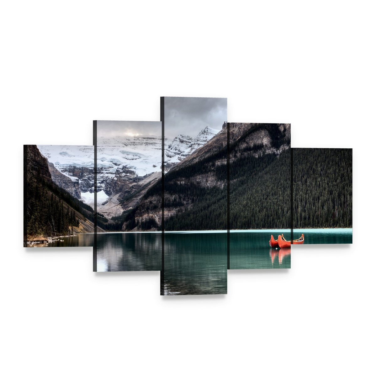 Lake Louise Canoe and Glacier Canvas Wall Art, 5 panel 5 Star layout gallery wrapped canvas set, angled product view