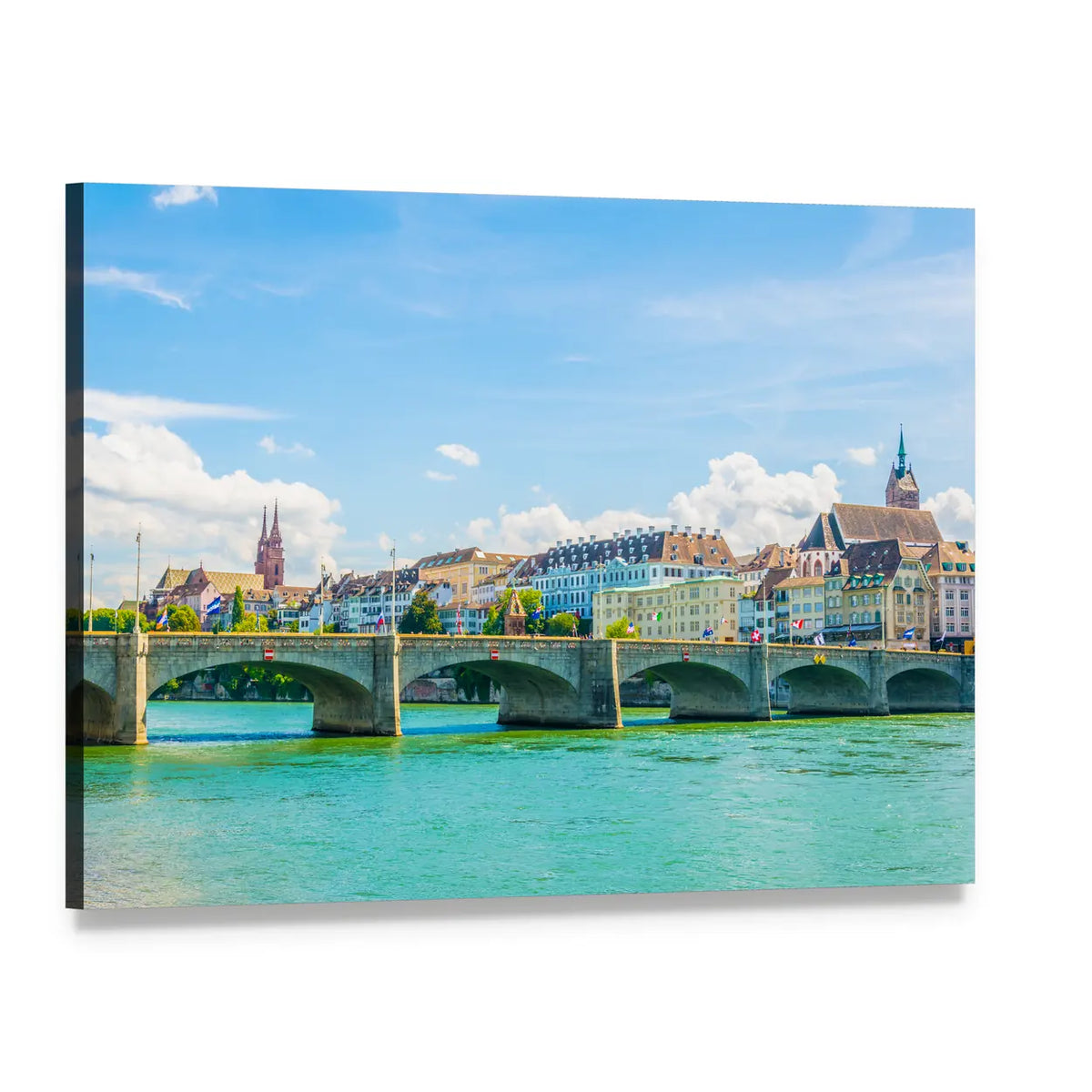 Saint Martin Church Basel River Scene Canvas Wall Art, single panel gallery wrapped canvas, angled product view