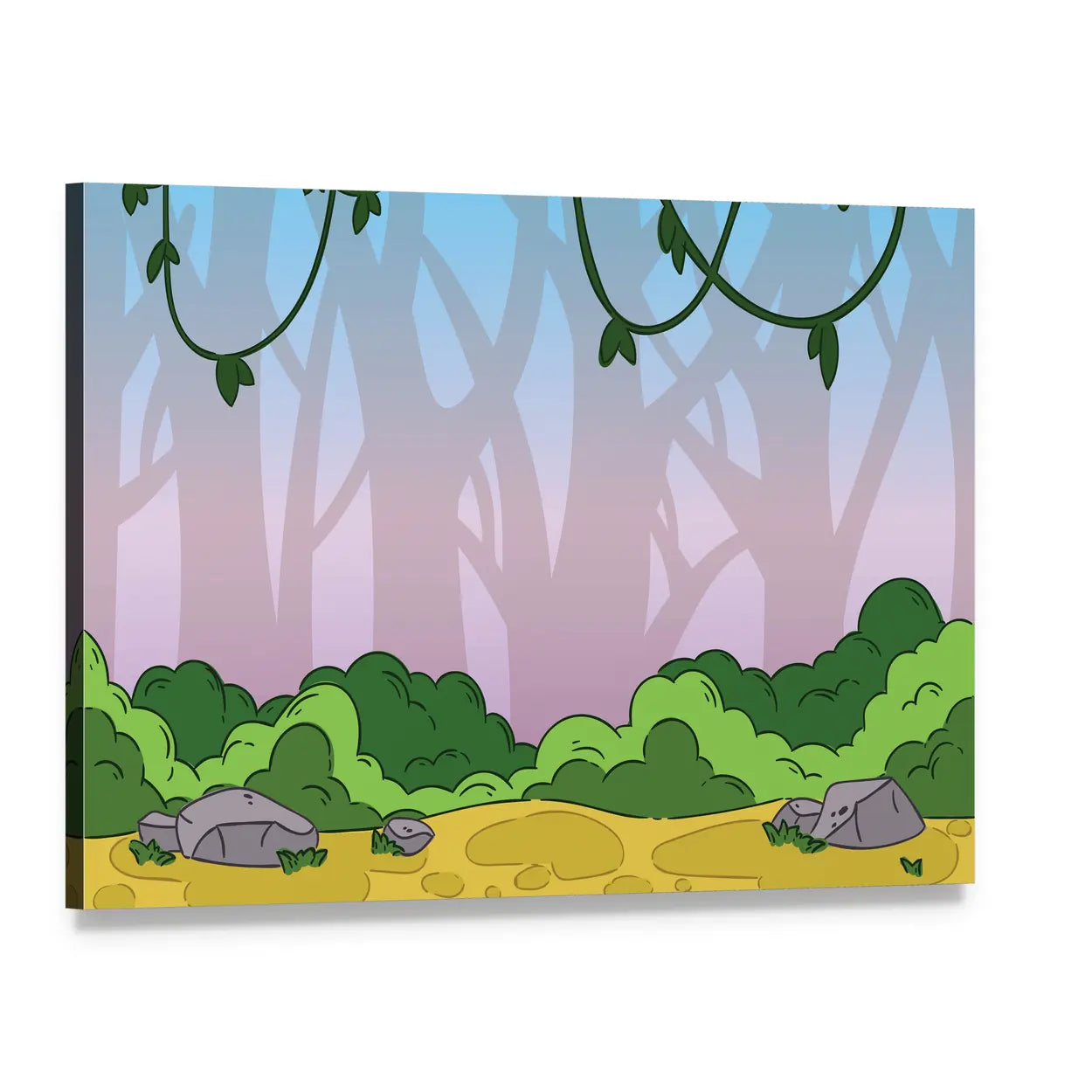 Seamless Cartoon Jungle Pattern Canvas Wall Art, single panel gallery wrapped canvas, angled product view