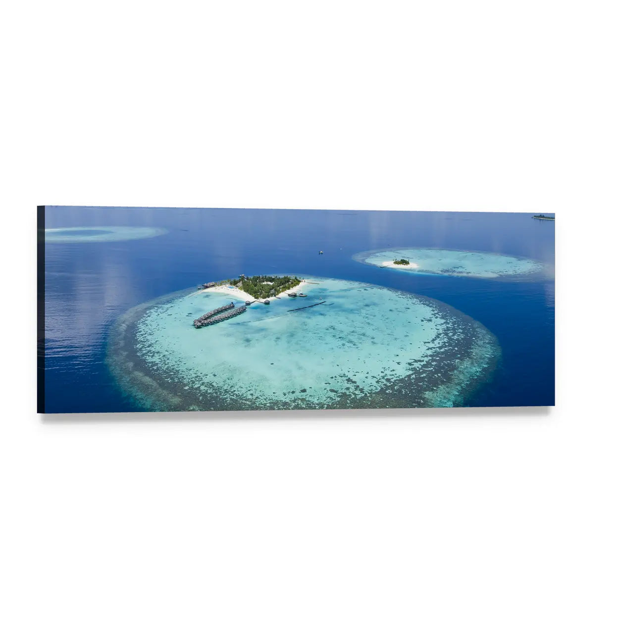 Maldives Coral Atoll View Panoramic Canvas Wall Art, single panel gallery wrapped canvas, angled product view