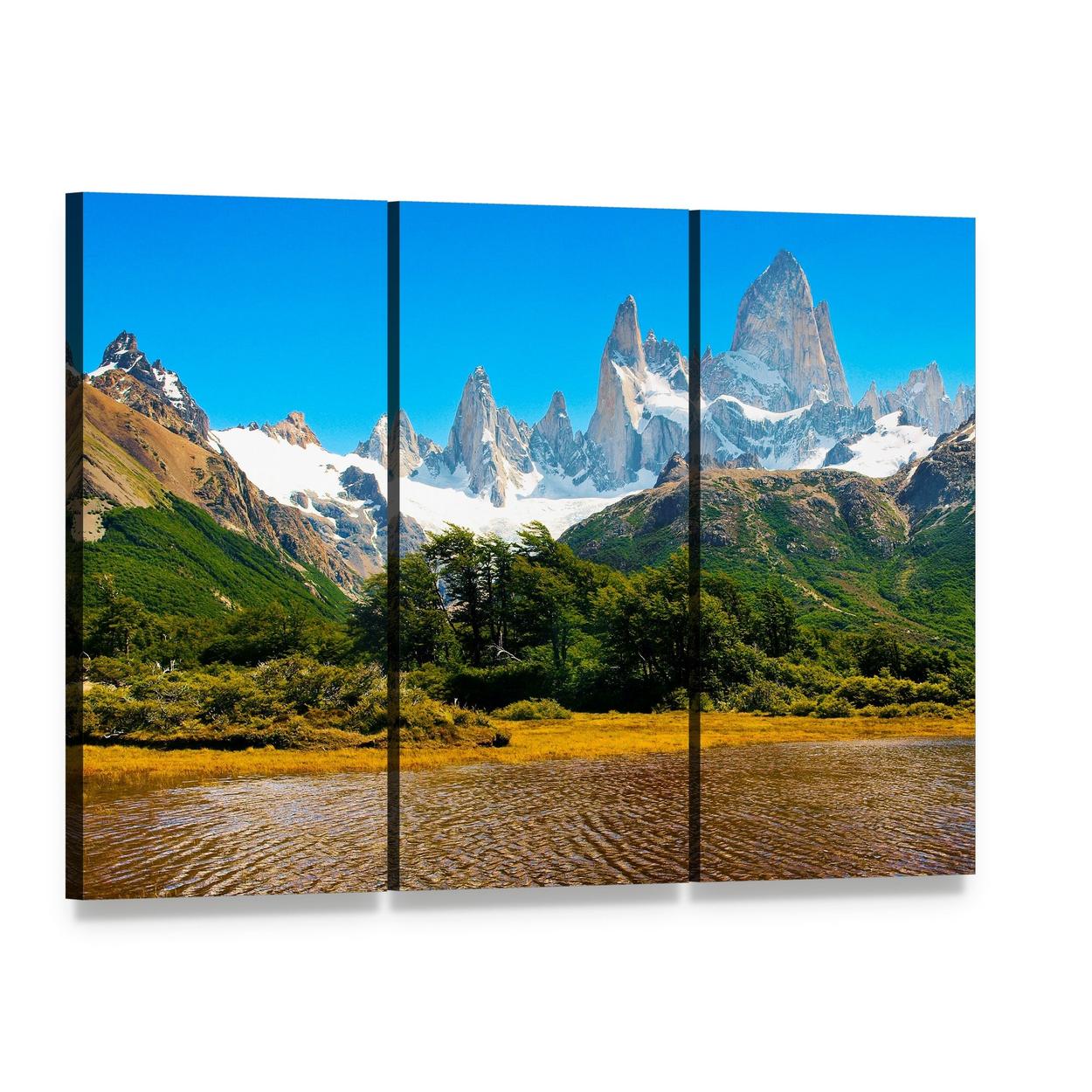 Los Glaciares Mountain Lake Scene Canvas Wall Art, 3 panel 3 Horizontal layout gallery wrapped canvas set, angled product view