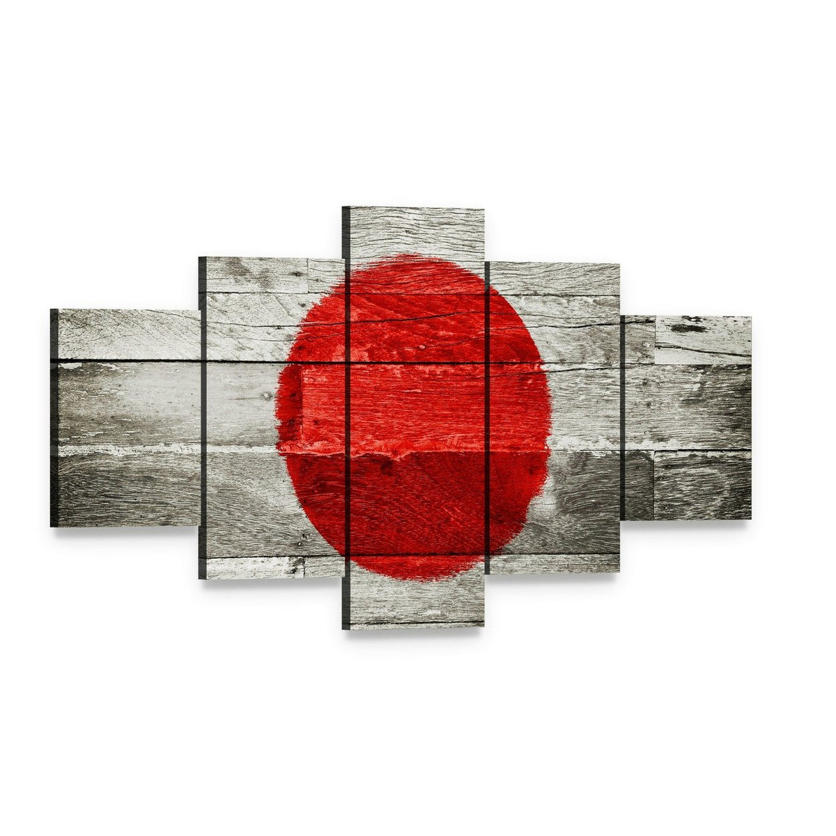 Japanese Flag on Wood Canvas Wall Art, 5 panel 5 Star layout gallery wrapped canvas set, angled product view