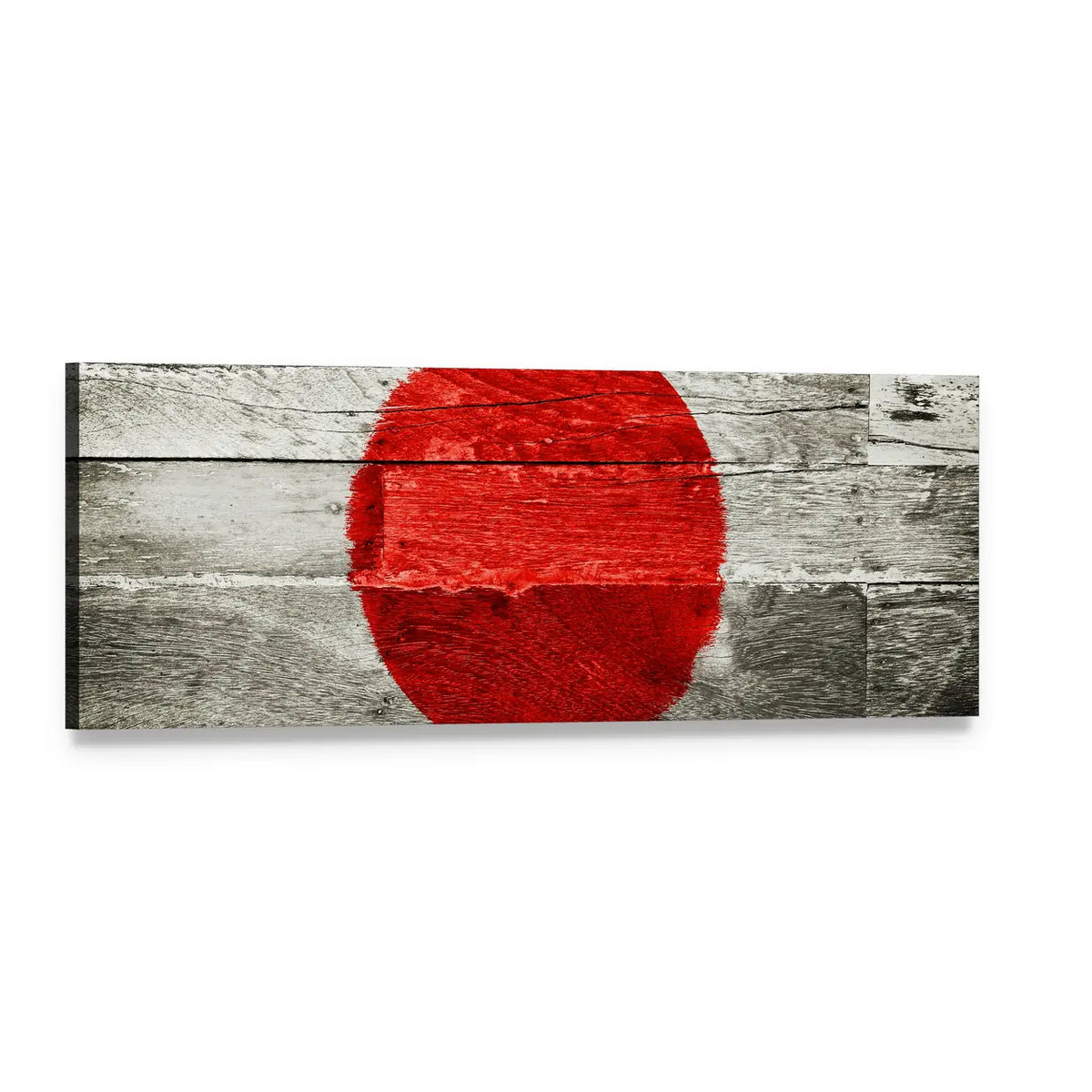 Japan Flag on Weathered Wood Panoramic Canvas Wall Art, single panel gallery wrapped canvas, angled product view