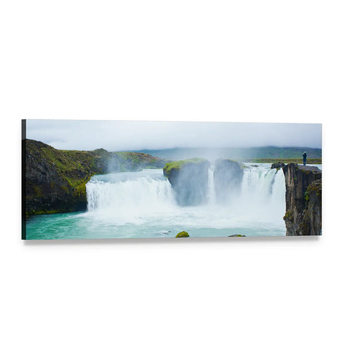 Turquoise Waterfall with Lone Figure Panoramic Canvas Wall Art, single panel gallery wrapped canvas, angled product view