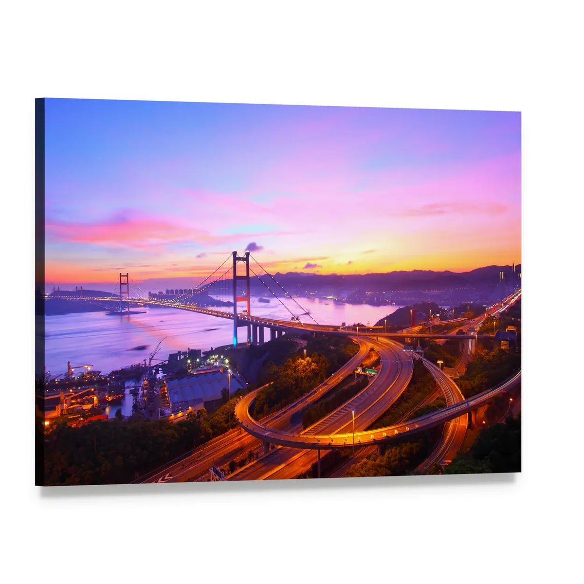 Tsing Ma Bridge at Sunset Canvas Wall Art, single panel gallery wrapped canvas, angled product view