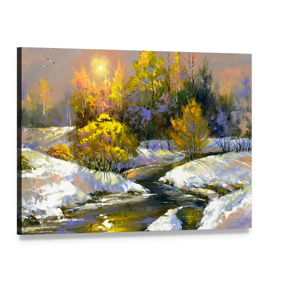 Winter River Through Snowy Forest Canvas Wall Art, single panel gallery wrapped canvas, angled product view