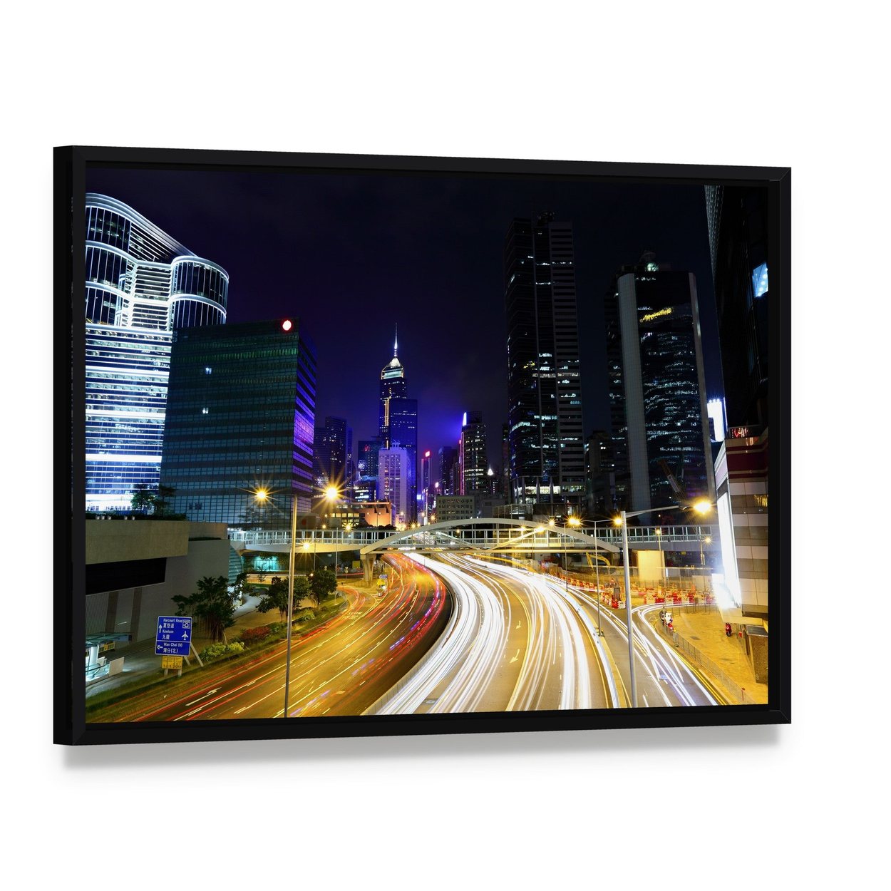 Traffic in City at Night Canvas Wall Art, framed canvas in a black floater frame, angled product view