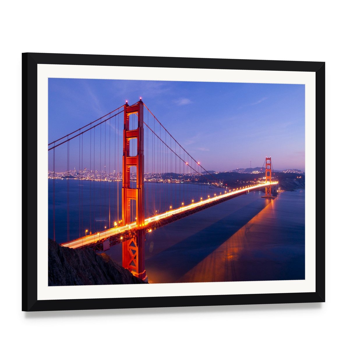 Golden Gate Bridge Night Skyline Canvas Wall Art, framed print with white mat and black frame, angled product view