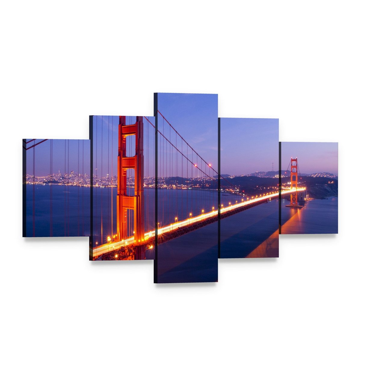 Golden Gate Bridge Night Skyline Canvas Wall Art, 5 panel 5 Star layout gallery wrapped canvas set, angled product view