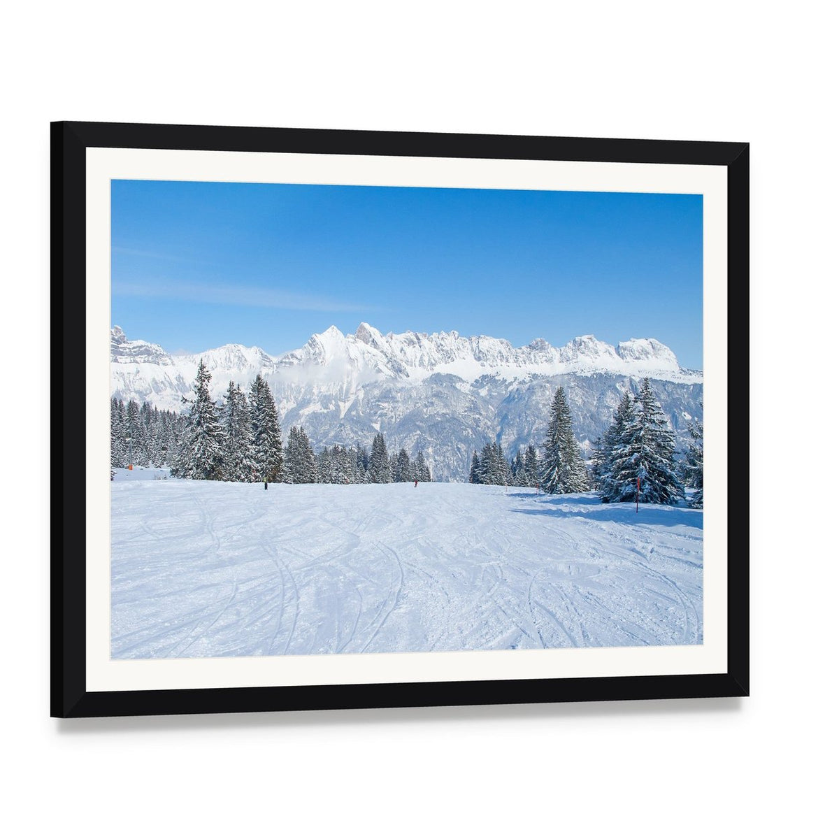 Snowy Ski Slope Landscape Canvas Wall Art, framed print with white mat and black frame, angled product view