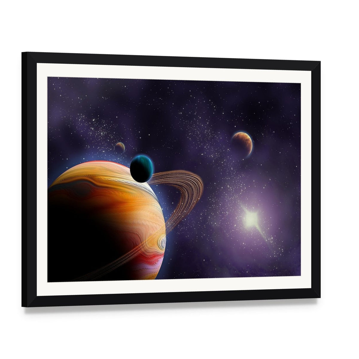 Planets in Dark Space Canvas Wall Art, framed print with white mat and black frame, angled product view