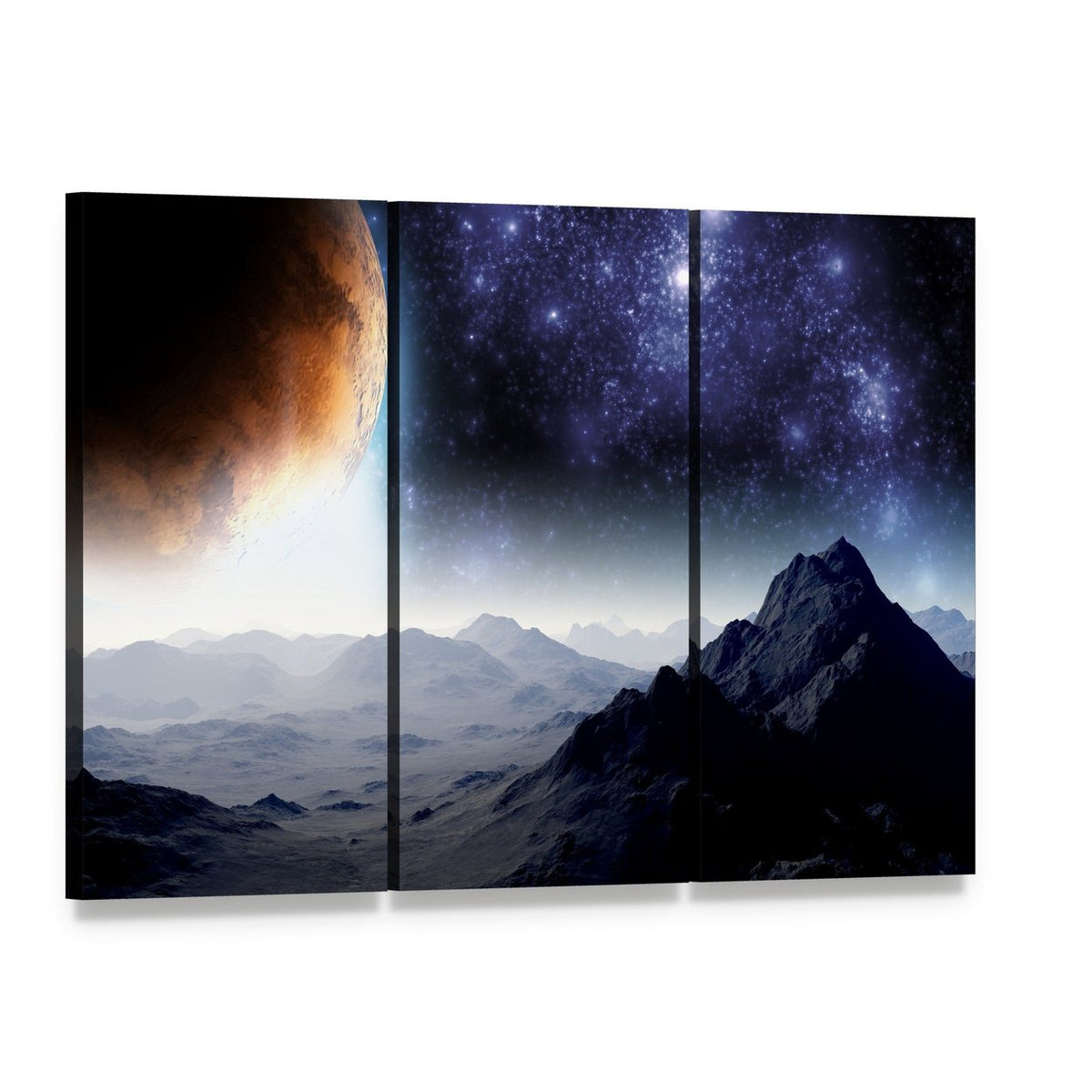 Deep Space Illusion Canvas Wall Art, 3 panel 3 Horizontal layout gallery wrapped canvas set, angled product view