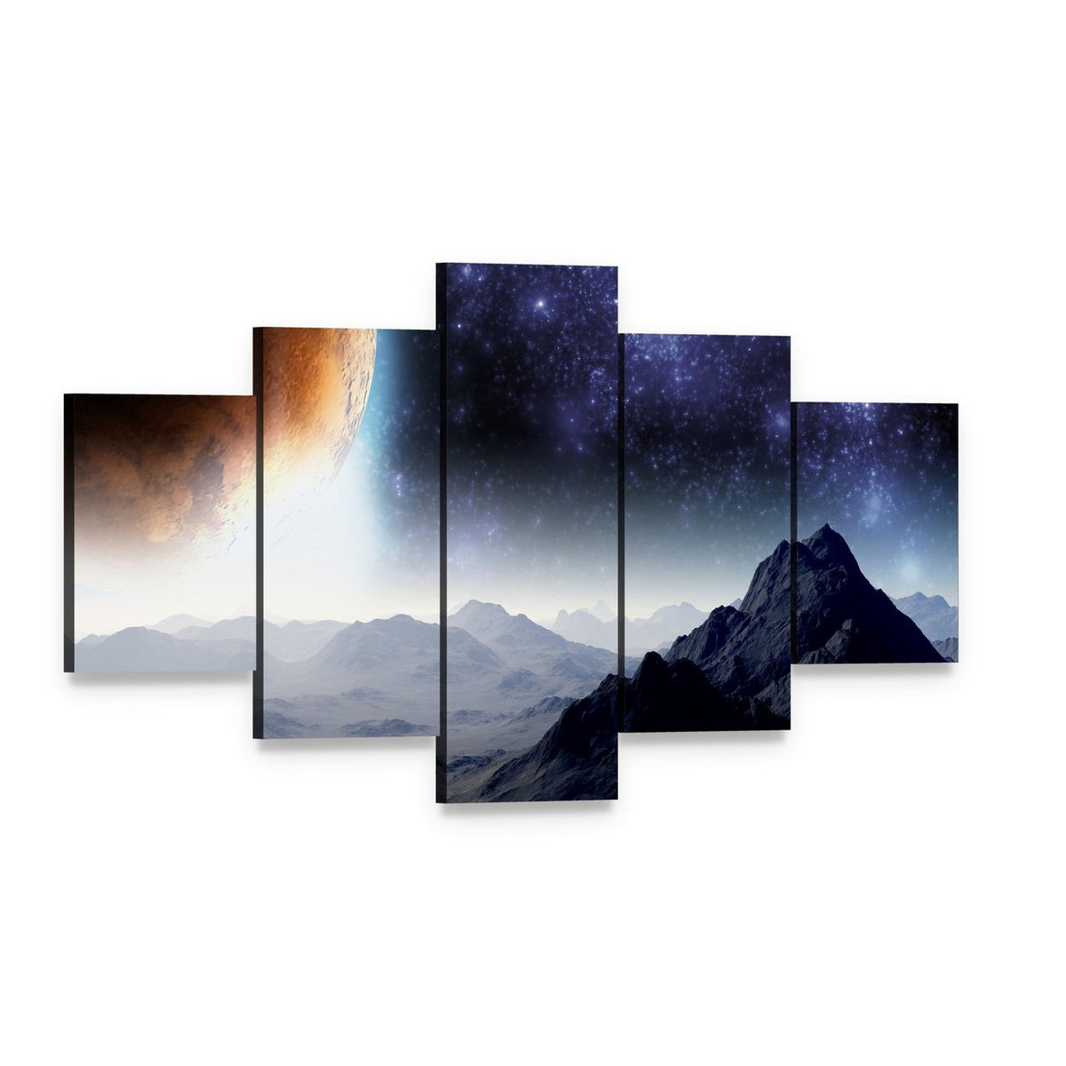 Deep Space Illusion Canvas Wall Art, 5 panel 5 Star layout gallery wrapped canvas set, angled product view