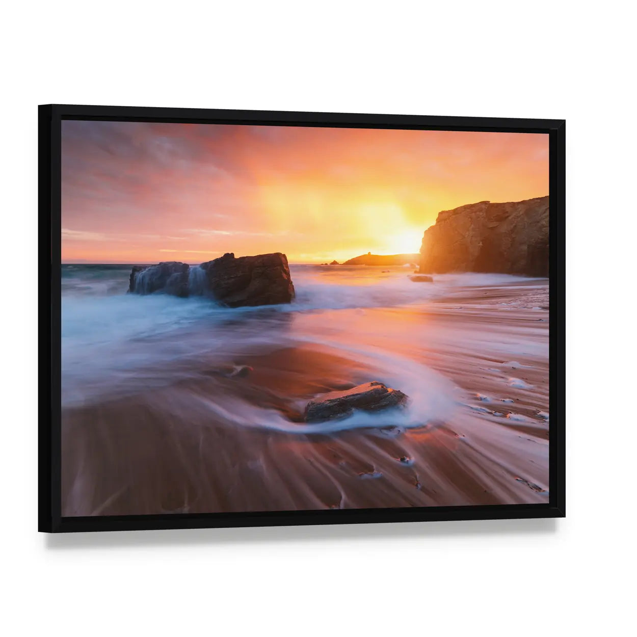 Quiberon Coastline at Sunset Canvas Wall Art, framed canvas in a black floater frame, angled product view