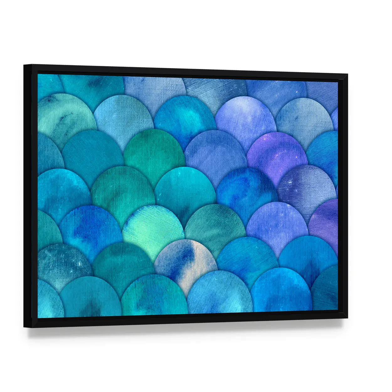 Mermaid Scales Watercolor Canvas Wall Art, framed canvas in a black floater frame, angled product view