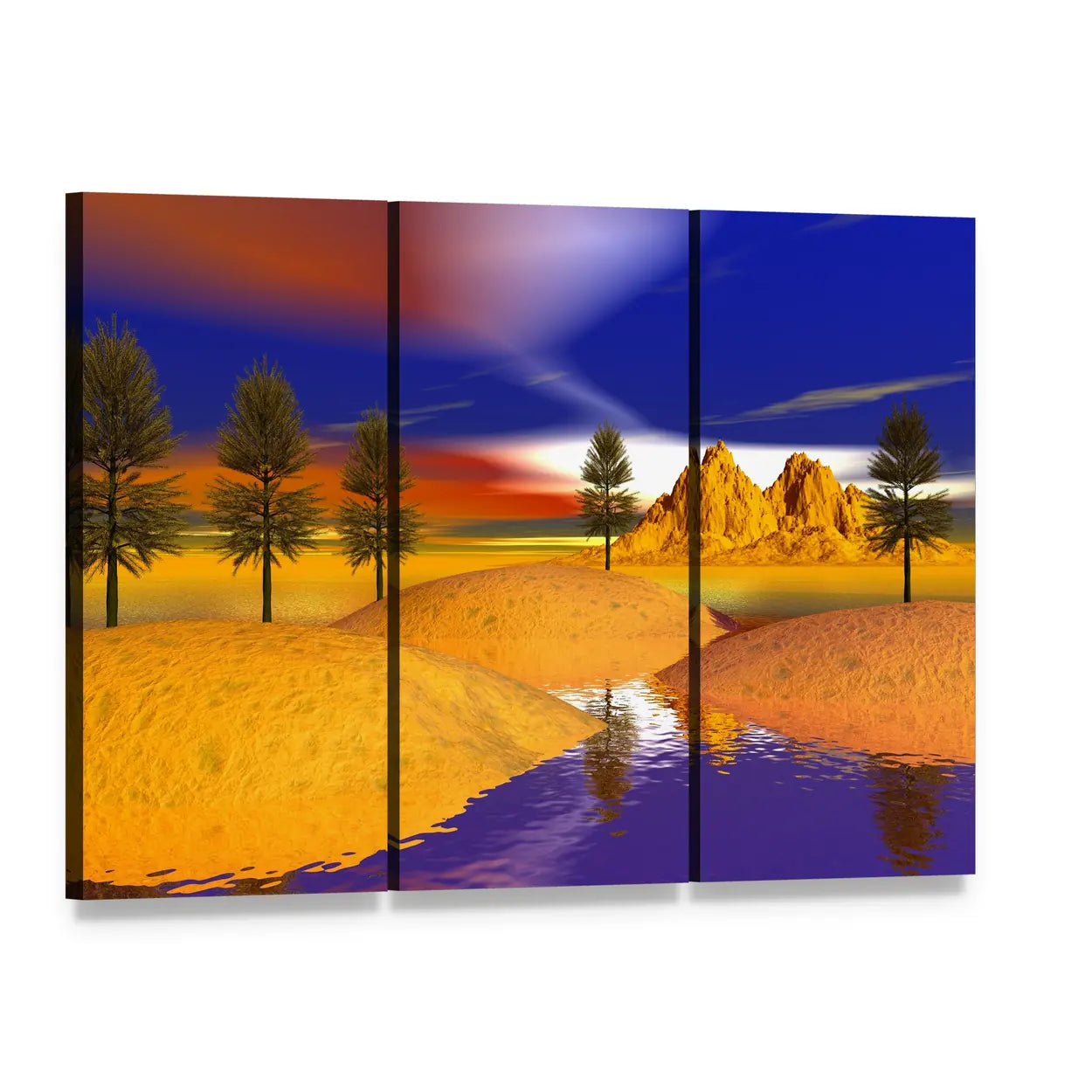 Otherworldly Fire Trees Over Mountains Canvas Wall Art, 3 panel 3 Horizontal layout gallery wrapped canvas set, angled product view