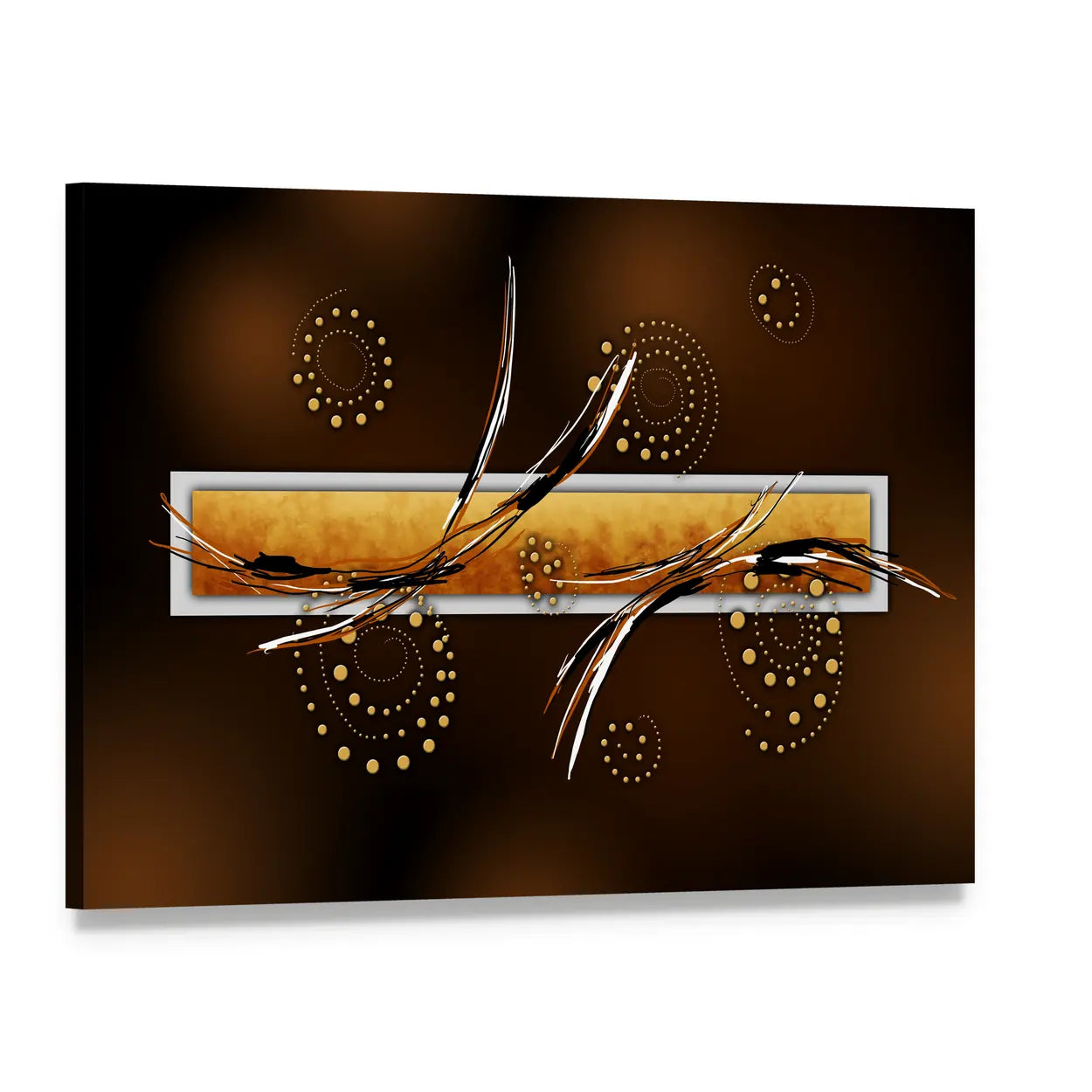 Ochre Rectangle with Gold Spiral Dots Canvas Wall Art, single panel gallery wrapped canvas, angled product view