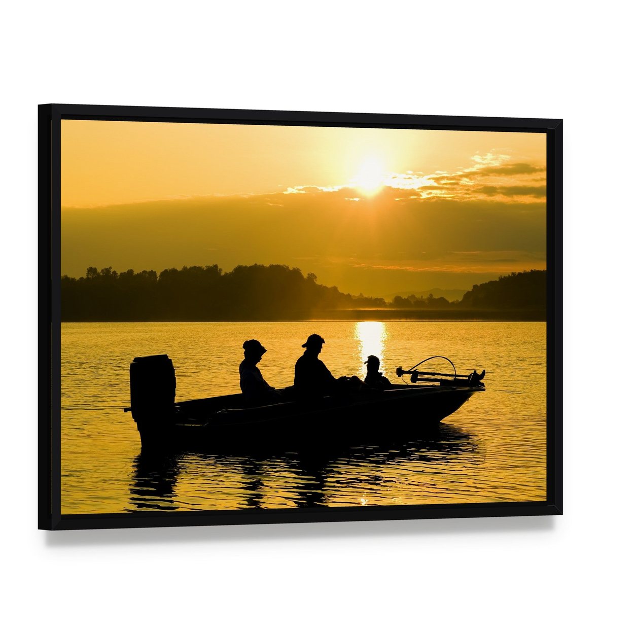 Fishermen Boating Silhouette Canvas Wall Art, framed canvas in a black floater frame, angled product view