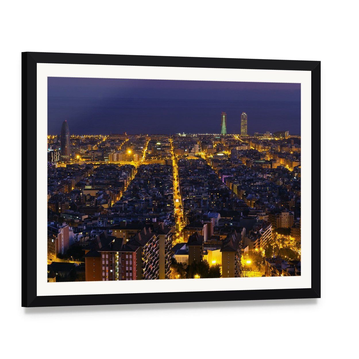 Barcelona Cityscape at Night Canvas Wall Art, framed print with white mat and black frame, angled product view