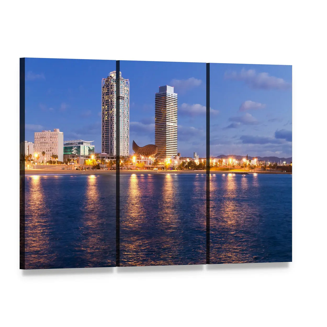 Evening Waterfront Cityscape with Glowing Reflections Canvas Wall Art, 3 panel 3 Horizontal layout gallery wrapped canvas set, angled product view