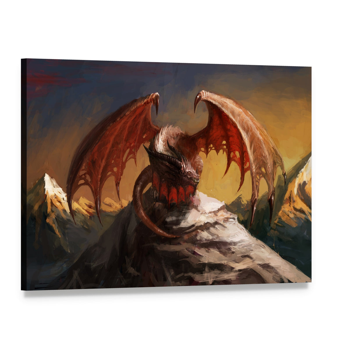 Dragon on Mountain Canvas Wall Art, single panel gallery wrapped canvas, angled product view