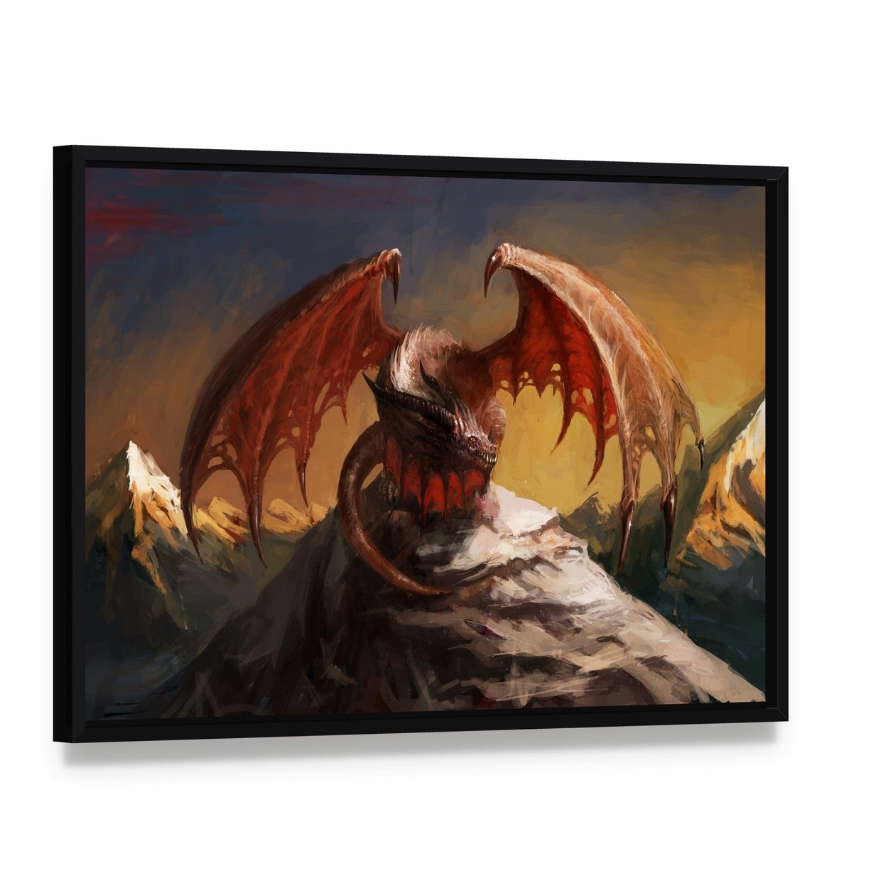 Dragon on Mountain Canvas Wall Art, framed canvas in a black floater frame, angled product view