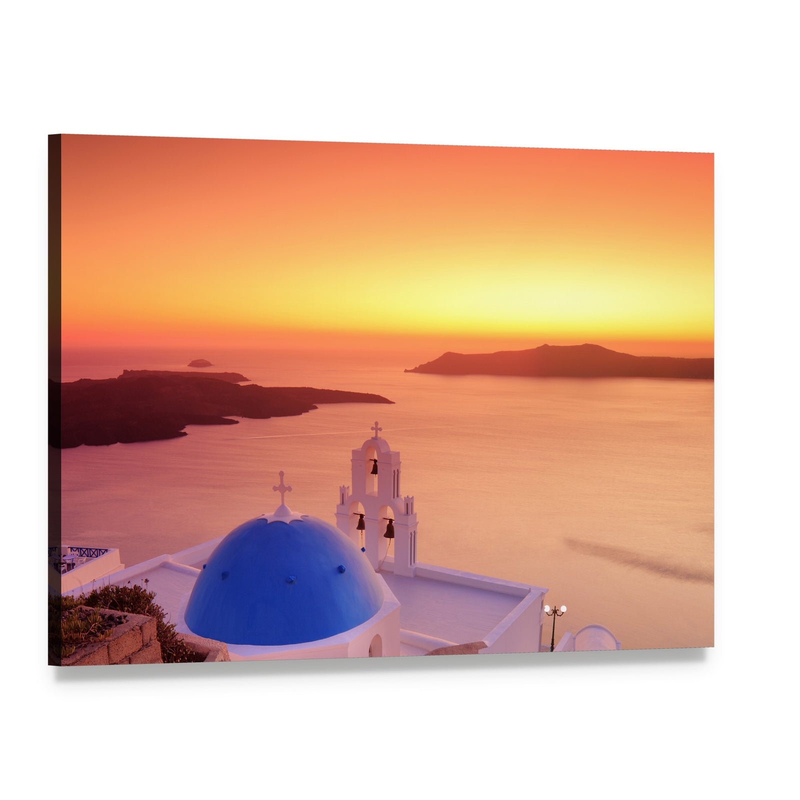 Santorini Church and Sunset Over Ocean Canvas Wall Art, single panel gallery wrapped canvas, angled product view