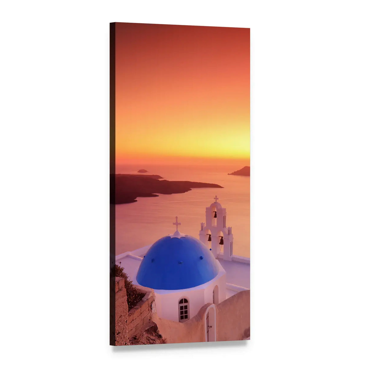 Santorini Blue Dome Over Caldera at Sunset Vertical Canvas Wall Art, 1 panel 1 Vertical layout gallery wrapped canvas set, angled product view