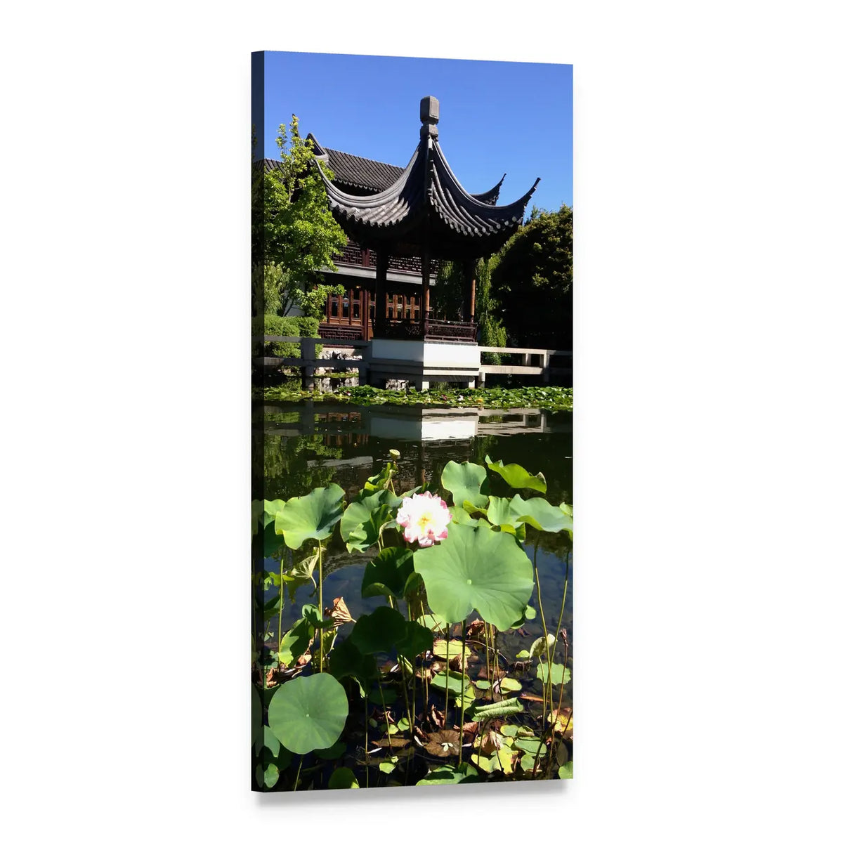 Temple Lotus in Japanese Garden Vertical Canvas Wall Art, 1 panel 1 Vertical layout gallery wrapped canvas set, angled product view