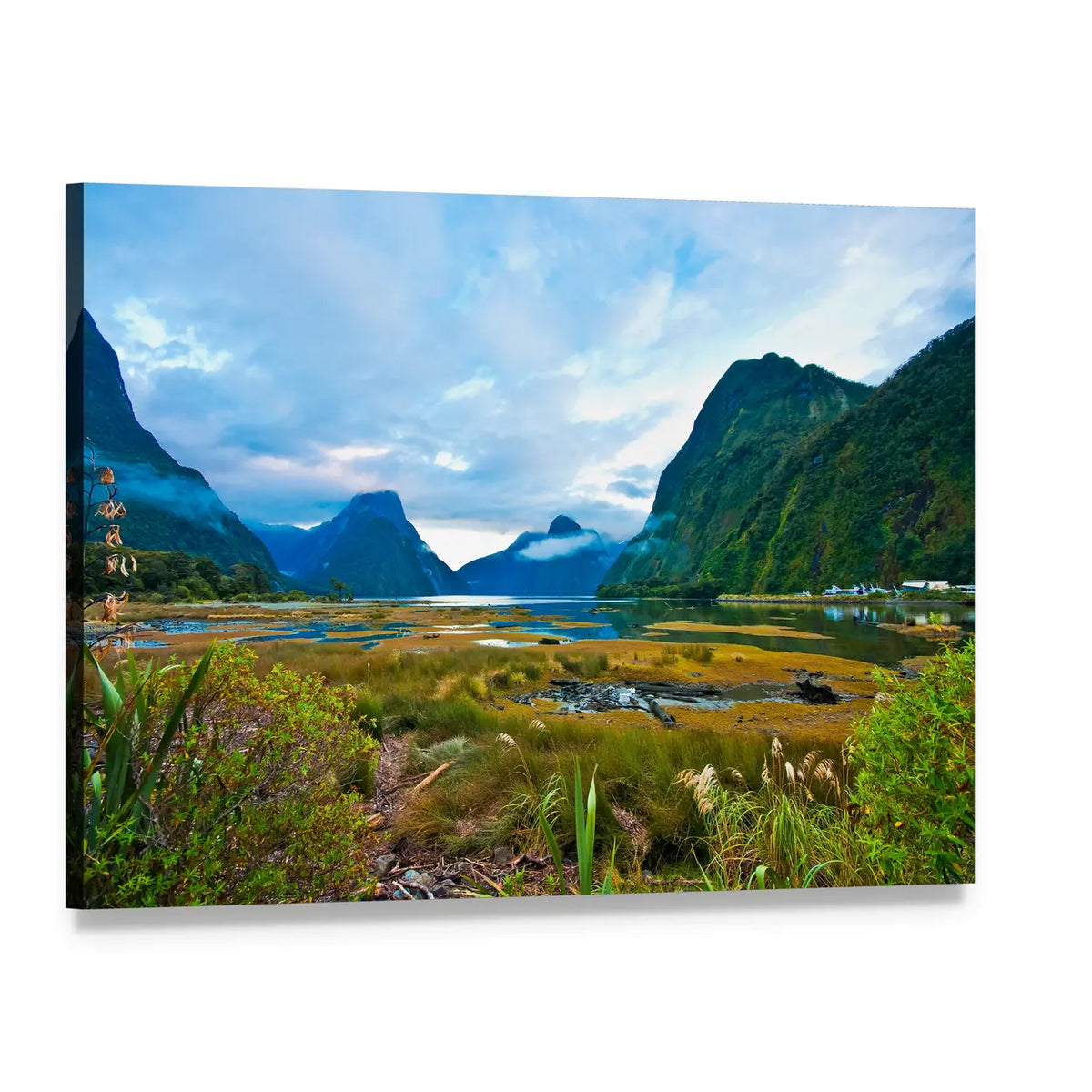 Misty Mountain Lake Landscape Canvas Wall Art, single panel gallery wrapped canvas, angled product view