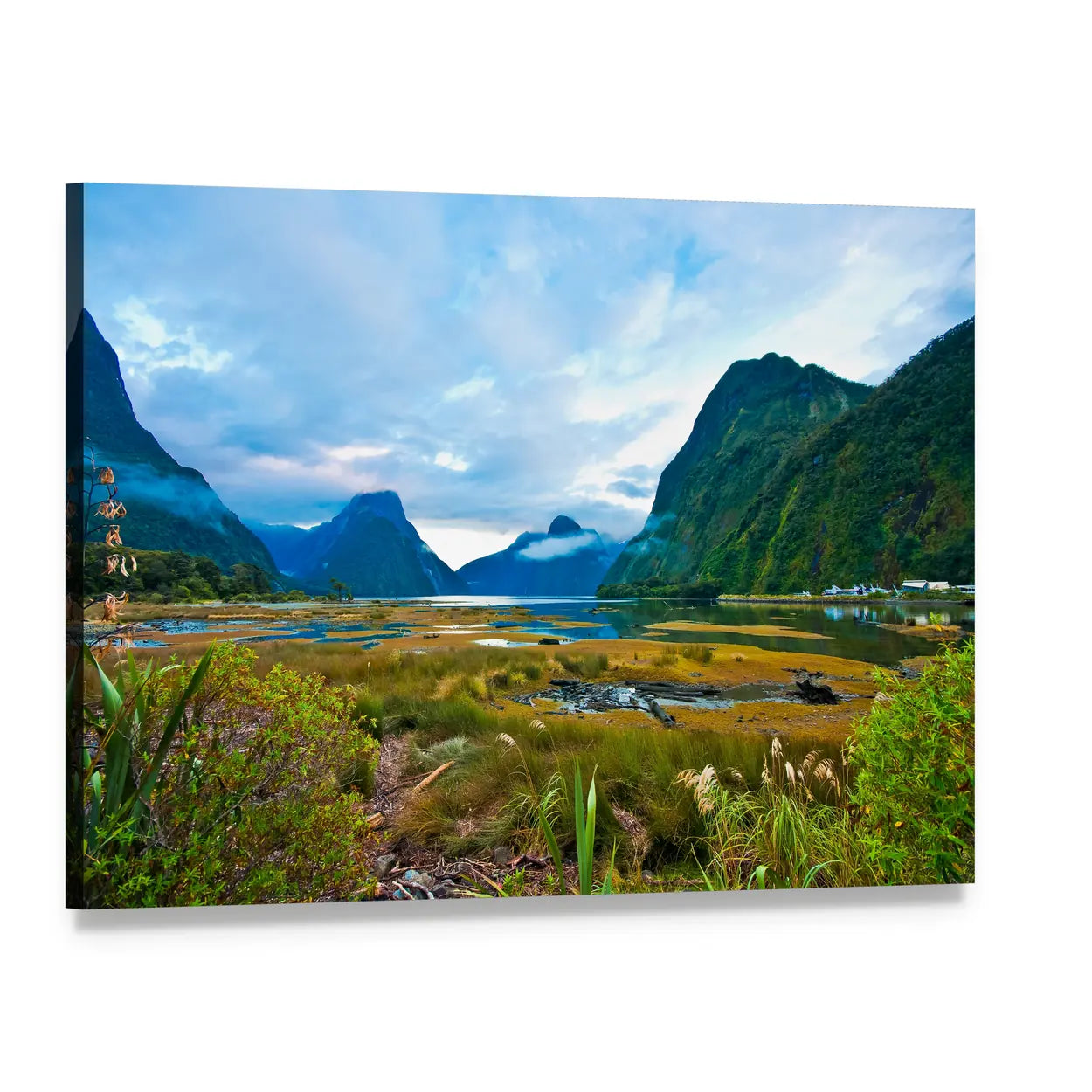 Misty Mountain Lake Landscape Canvas Wall Art, single panel gallery wrapped canvas, angled product view