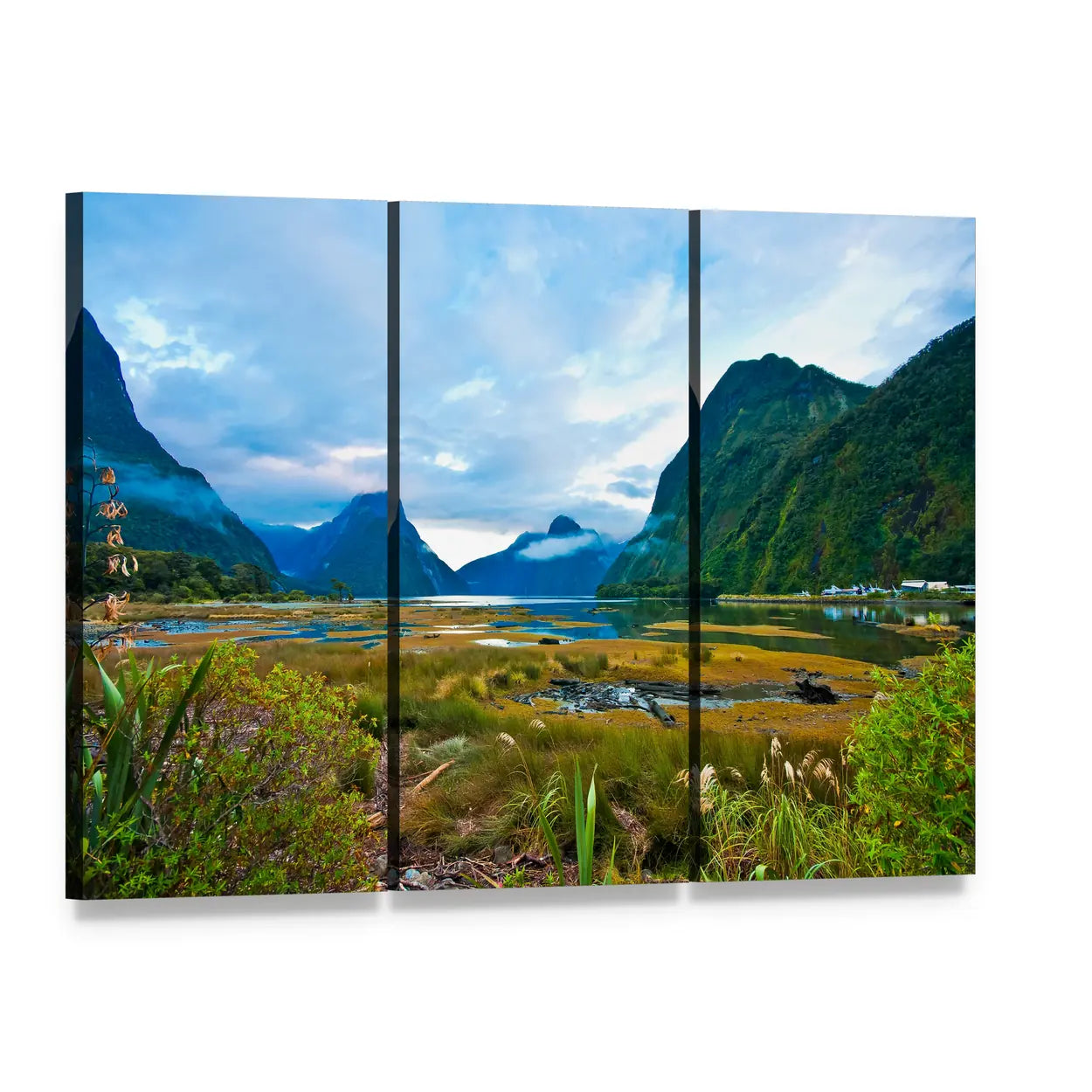 Misty Mountain Lake Landscape Canvas Wall Art, 3 panel 3 Horizontal layout gallery wrapped canvas set, angled product view