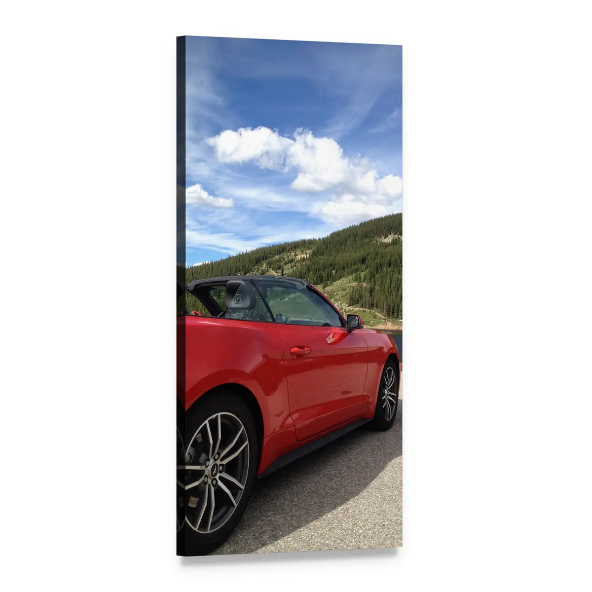 Red Mustang Convertible on Mountain Road Vertical Canvas Wall Art, 1 panel 1 Vertical layout gallery wrapped canvas set, angled product view