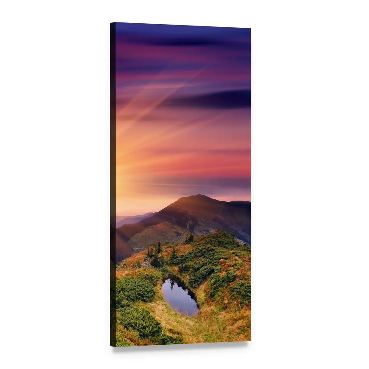 Sunrise Mountain Peak with Teardrop Pond Vertical Canvas Wall Art, 1 panel 1 Vertical layout gallery wrapped canvas set, angled product view