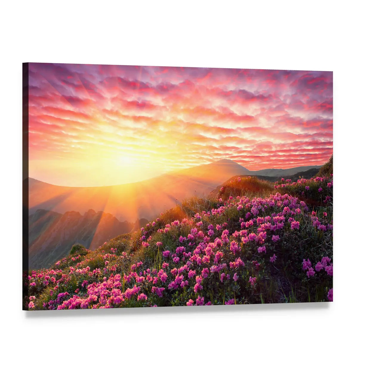 Spring Mountains Landscape and Cloudy Sunset Canvas Wall Art, single panel gallery wrapped canvas, angled product view