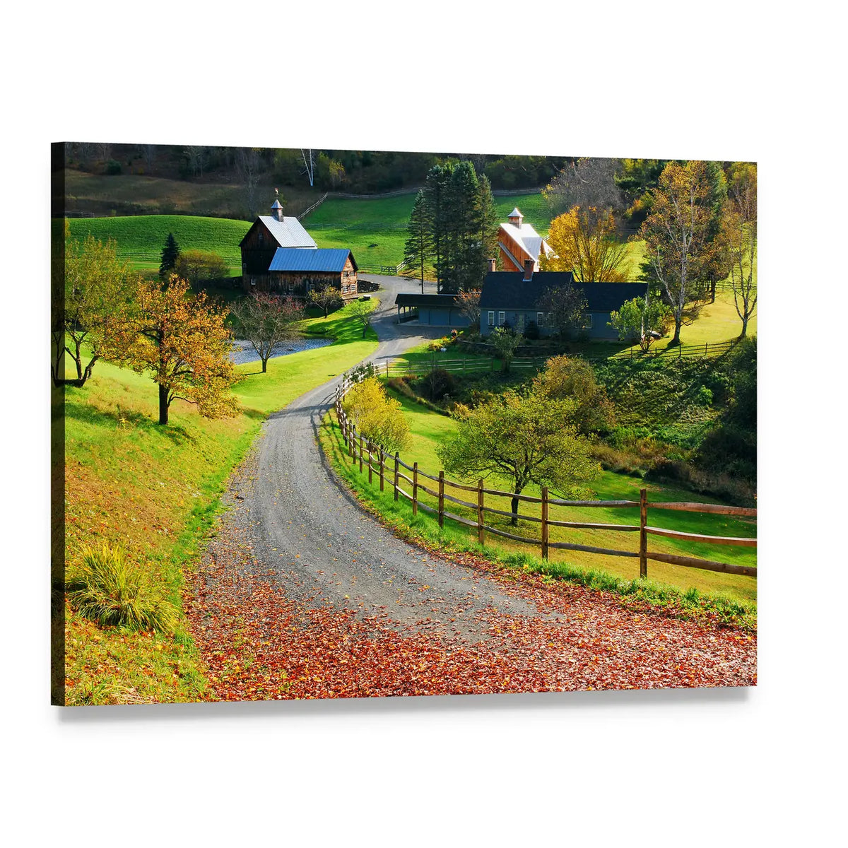 Country Road Farmhouse in Autumn Canvas Wall Art, single panel gallery wrapped canvas, angled product view