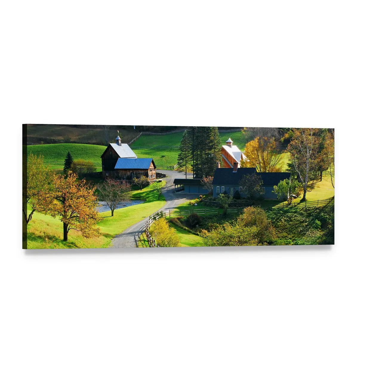 Country Barns with White Fence in Autumn Panoramic Canvas Wall Art, single panel gallery wrapped canvas, angled product view