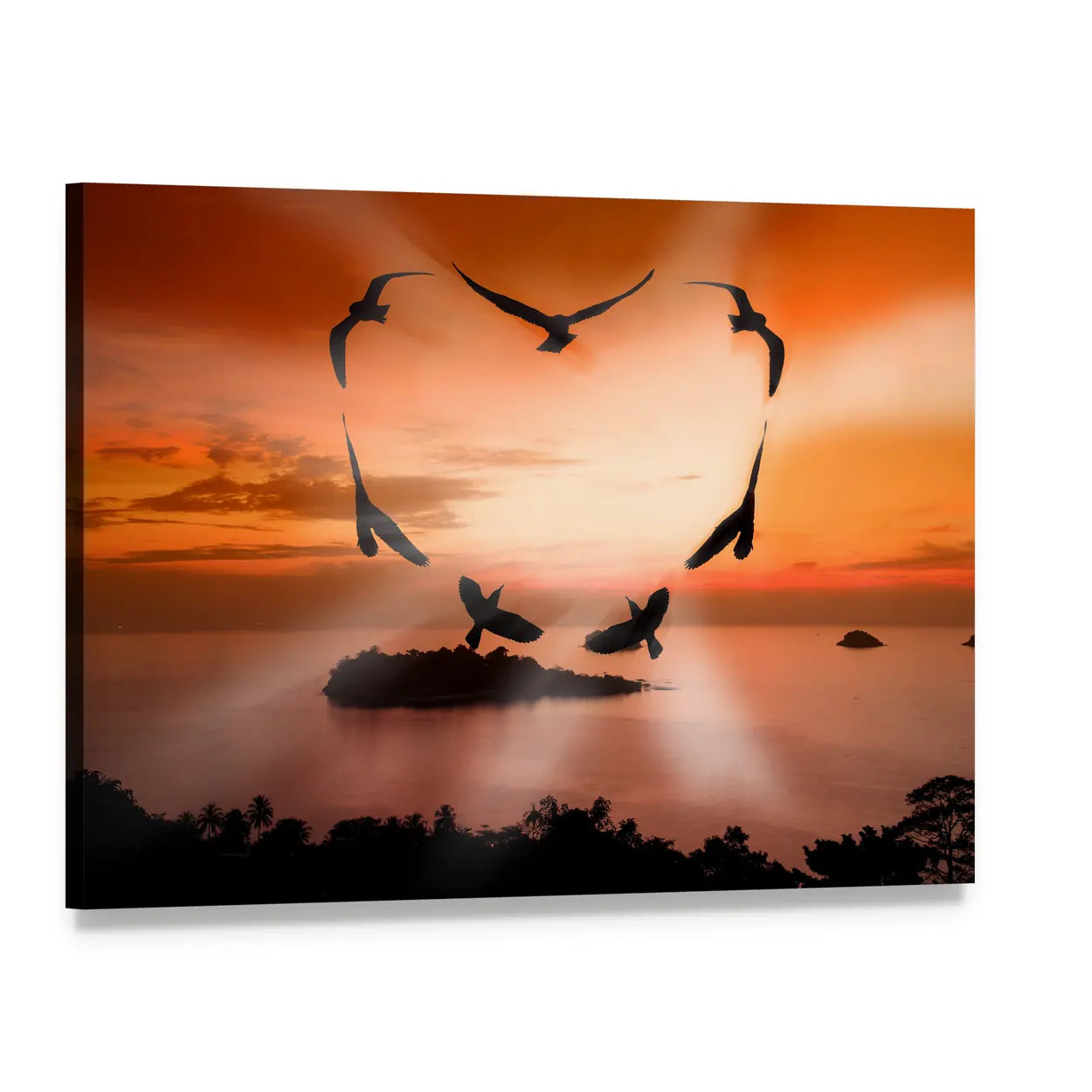 Valentine Birds Forming Heart at Sunset Canvas Wall Art, single panel gallery wrapped canvas, angled product view